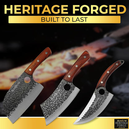 3 Piece BBQ Knife Set Serbian Chef Knife Meat Cleaver Viking Kitchen Knives | Outdoor Cooking • Barbeque • Meal Prep • Camping • Butchering • Lanyard Holes Hammered Pattern Forged Steel Real Wood Handles