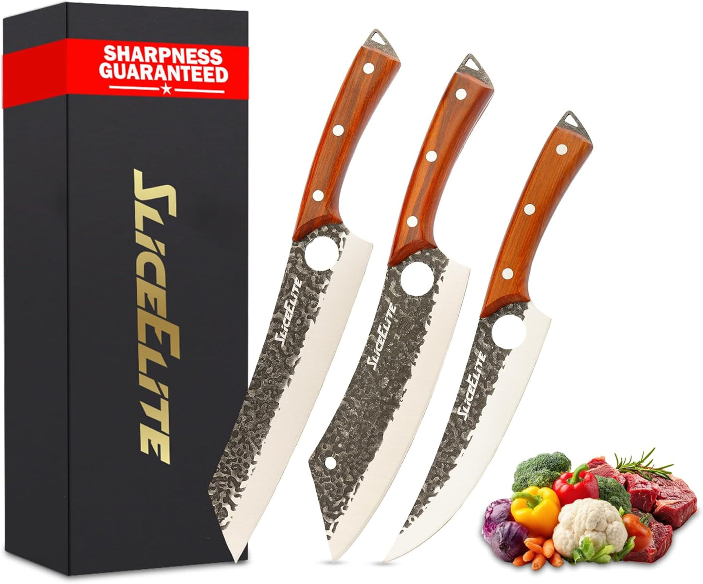 3 Piece BBQ Knife Set Serbian Chef Knife Meat Cleaver Viking Kitchen Knives | Outdoor Cooking • Barbeque • Meal Prep • Camping • Butchering • Lanyard Holes Hammered Pattern Forged Steel Real Wood Handles