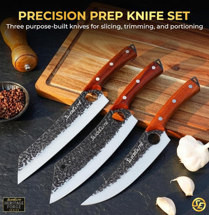 3 Piece BBQ Knife Set Serbian Chef Knife Meat Cleaver Viking Kitchen Knives | Outdoor Cooking • Barbeque • Meal Prep • Camping • Butchering • Lanyard Holes Hammered Pattern Forged Steel Real Wood Handles