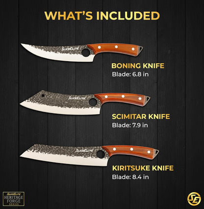 3 Piece BBQ Knife Set Serbian Chef Knife Meat Cleaver Viking Kitchen Knives | Outdoor Cooking • Barbeque • Meal Prep • Camping • Butchering • Lanyard Holes Hammered Pattern Forged Steel Real Wood Handles