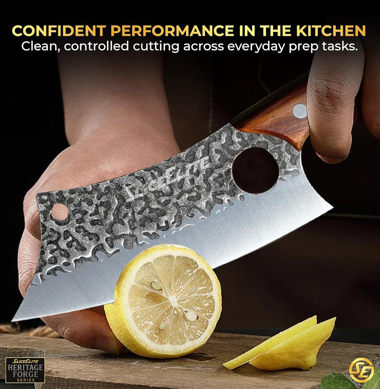 3 Piece BBQ Knife Set Serbian Chef Knife Meat Cleaver Viking Kitchen Knives | Outdoor Cooking • Barbeque • Meal Prep • Camping • Butchering • Lanyard Holes Hammered Pattern Forged Steel Real Wood Handles