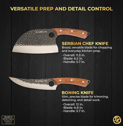 3 Piece BBQ Knife Set Serbian Chef Knife Meat Cleaver Viking Kitchen Knives | Outdoor Cooking • Barbeque • Meal Prep • Camping • Butchering • Lanyard Holes Hammered Pattern Forged Steel Real Wood Handles