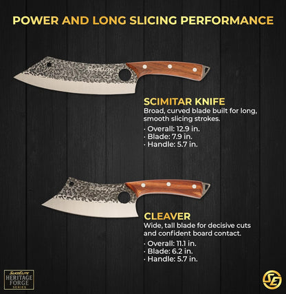 3 Piece BBQ Knife Set Serbian Chef Knife Meat Cleaver Viking Kitchen Knives | Outdoor Cooking • Barbeque • Meal Prep • Camping • Butchering • Lanyard Holes Hammered Pattern Forged Steel Real Wood Handles