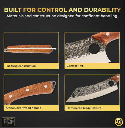 3 Piece BBQ Knife Set Serbian Chef Knife Meat Cleaver Viking Kitchen Knives | Outdoor Cooking • Barbeque • Meal Prep • Camping • Butchering • Lanyard Holes Hammered Pattern Forged Steel Real Wood Handles
