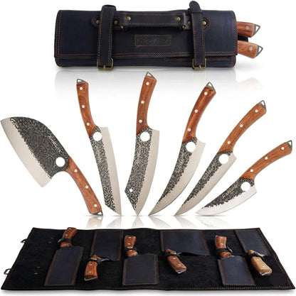 3 Piece BBQ Knife Set Serbian Chef Knife Meat Cleaver Viking Kitchen Knives | Outdoor Cooking • Barbeque • Meal Prep • Camping • Butchering • Lanyard Holes Hammered Pattern Forged Steel Real Wood Handles
