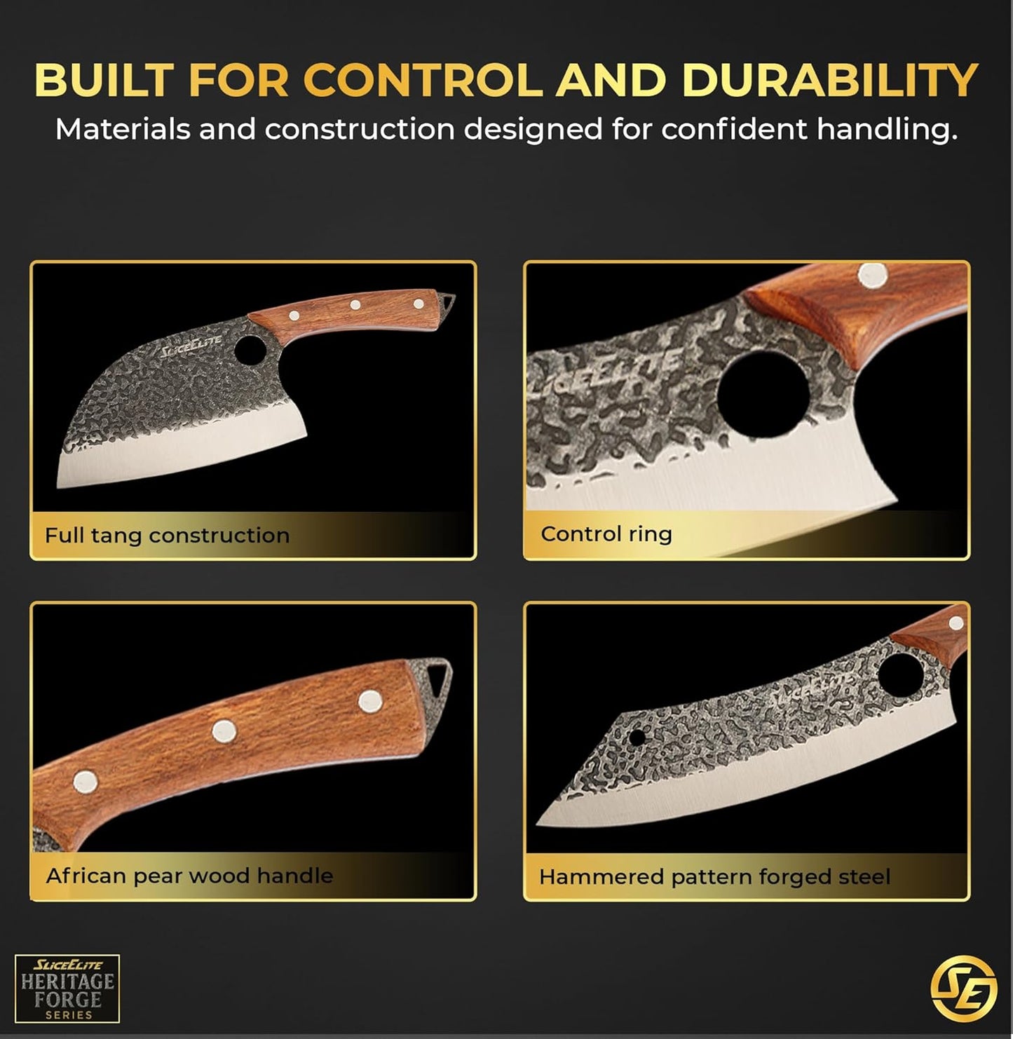 3 Piece BBQ Knife Set Serbian Chef Knife Meat Cleaver Viking Kitchen Knives | Outdoor Cooking • Barbeque • Meal Prep • Camping • Butchering • Lanyard Holes Hammered Pattern Forged Steel Real Wood Handles