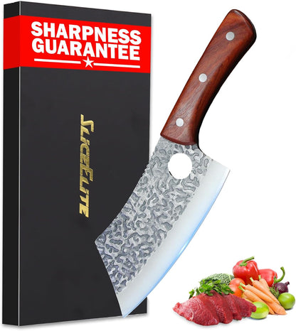 3 Piece BBQ Knife Set Serbian Chef Knife Meat Cleaver Viking Kitchen Knives | Outdoor Cooking • Barbeque • Meal Prep • Camping • Butchering • Lanyard Holes Hammered Pattern Forged Steel Real Wood Handles