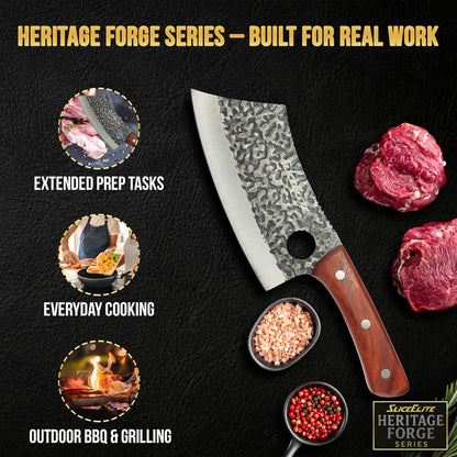 3 Piece BBQ Knife Set Serbian Chef Knife Meat Cleaver Viking Kitchen Knives | Outdoor Cooking • Barbeque • Meal Prep • Camping • Butchering • Lanyard Holes Hammered Pattern Forged Steel Real Wood Handles