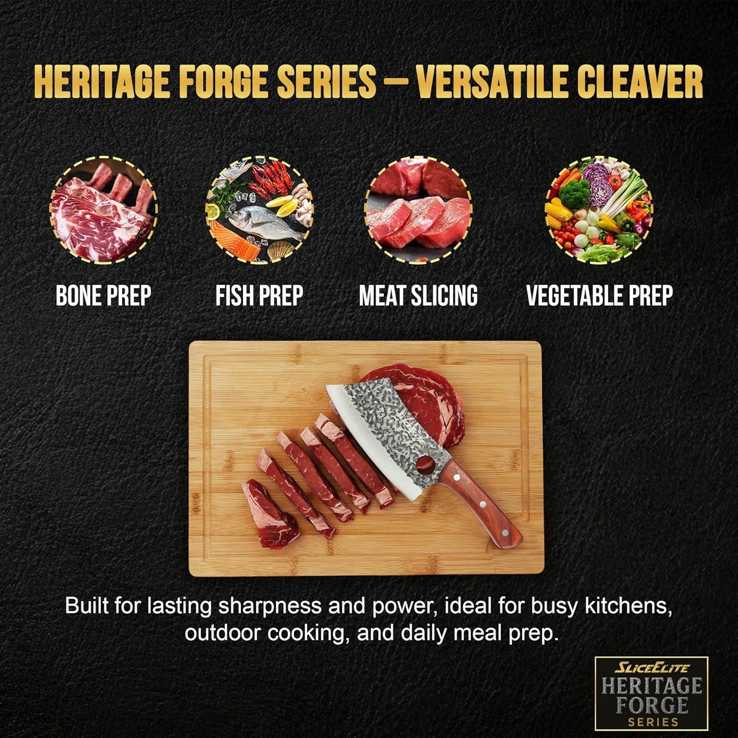 3 Piece BBQ Knife Set Serbian Chef Knife Meat Cleaver Viking Kitchen Knives | Outdoor Cooking • Barbeque • Meal Prep • Camping • Butchering • Lanyard Holes Hammered Pattern Forged Steel Real Wood Handles