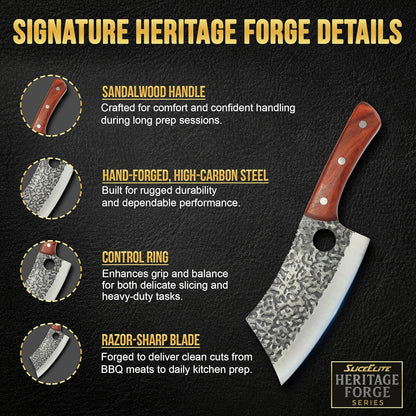 3 Piece BBQ Knife Set Serbian Chef Knife Meat Cleaver Viking Kitchen Knives | Outdoor Cooking • Barbeque • Meal Prep • Camping • Butchering • Lanyard Holes Hammered Pattern Forged Steel Real Wood Handles