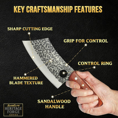 3 Piece BBQ Knife Set Serbian Chef Knife Meat Cleaver Viking Kitchen Knives | Outdoor Cooking • Barbeque • Meal Prep • Camping • Butchering • Lanyard Holes Hammered Pattern Forged Steel Real Wood Handles