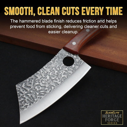 3 Piece BBQ Knife Set Serbian Chef Knife Meat Cleaver Viking Kitchen Knives | Outdoor Cooking • Barbeque • Meal Prep • Camping • Butchering • Lanyard Holes Hammered Pattern Forged Steel Real Wood Handles