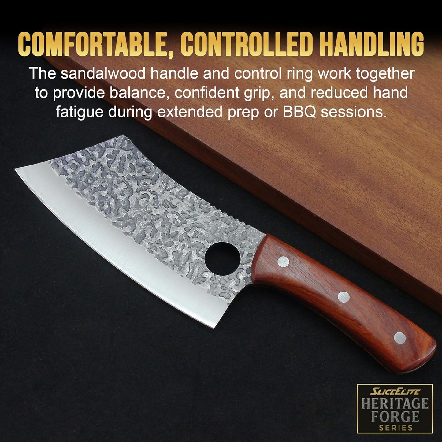 3 Piece BBQ Knife Set Serbian Chef Knife Meat Cleaver Viking Kitchen Knives | Outdoor Cooking • Barbeque • Meal Prep • Camping • Butchering • Lanyard Holes Hammered Pattern Forged Steel Real Wood Handles