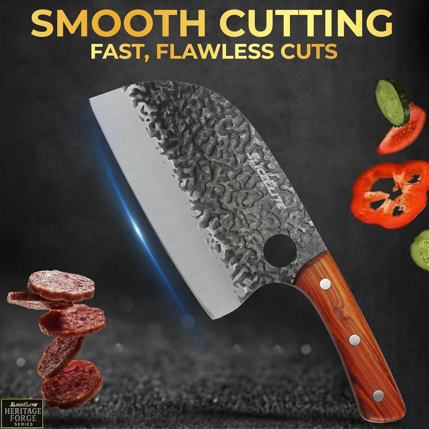 3 Piece BBQ Knife Set Serbian Chef Knife Meat Cleaver Viking Kitchen Knives | Outdoor Cooking • Barbeque • Meal Prep • Camping • Butchering • Lanyard Holes Hammered Pattern Forged Steel Real Wood Handles