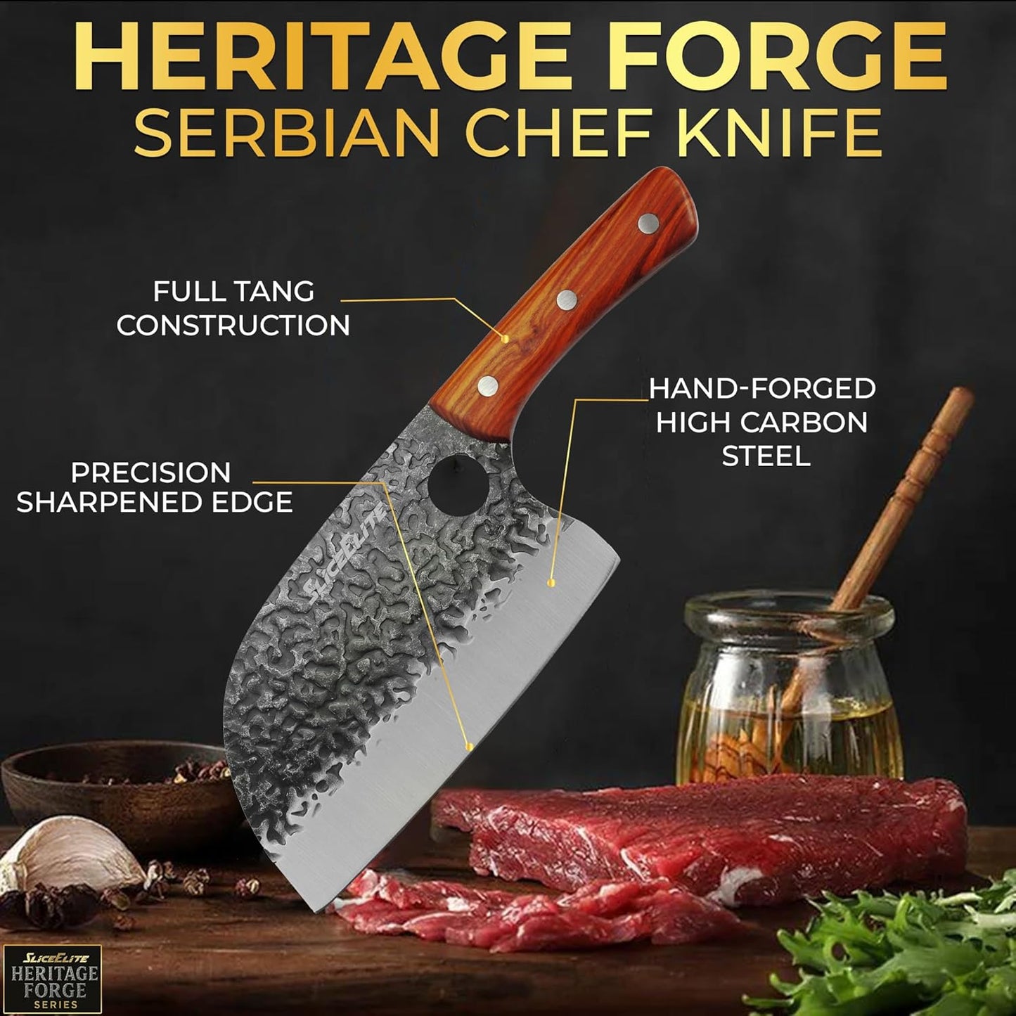 3 Piece BBQ Knife Set Serbian Chef Knife Meat Cleaver Viking Kitchen Knives | Outdoor Cooking • Barbeque • Meal Prep • Camping • Butchering • Lanyard Holes Hammered Pattern Forged Steel Real Wood Handles
