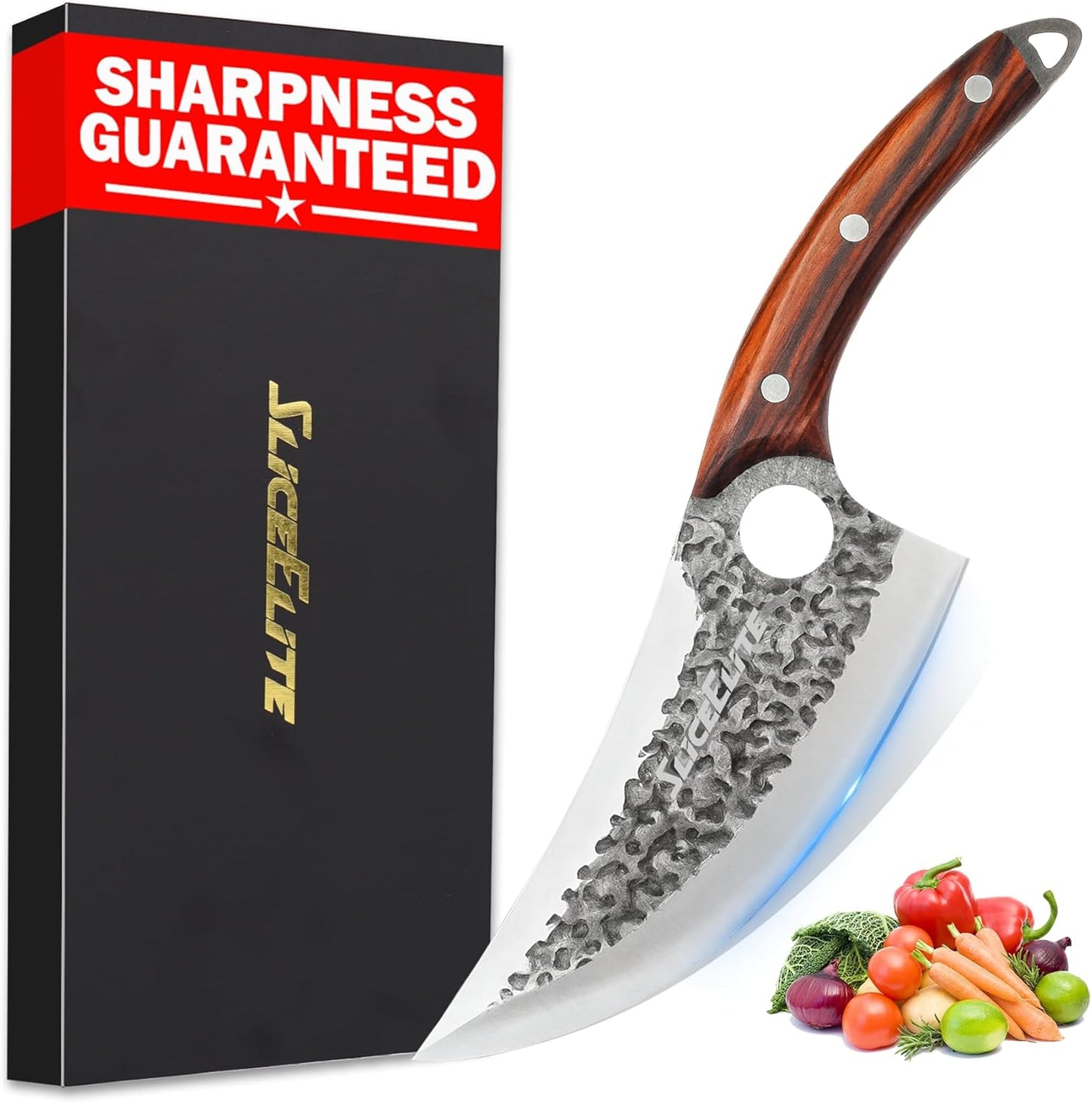 3 Piece BBQ Knife Set Serbian Chef Knife Meat Cleaver Viking Kitchen Knives | Outdoor Cooking • Barbeque • Meal Prep • Camping • Butchering • Lanyard Holes Hammered Pattern Forged Steel Real Wood Handles