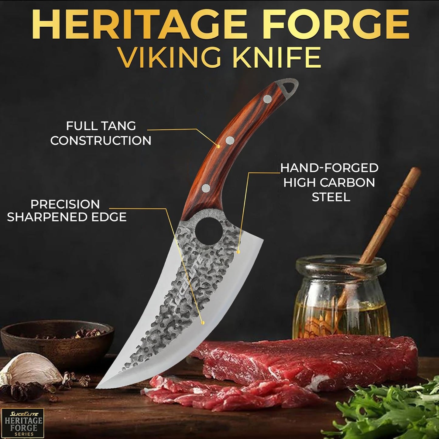 3 Piece BBQ Knife Set Serbian Chef Knife Meat Cleaver Viking Kitchen Knives | Outdoor Cooking • Barbeque • Meal Prep • Camping • Butchering • Lanyard Holes Hammered Pattern Forged Steel Real Wood Handles