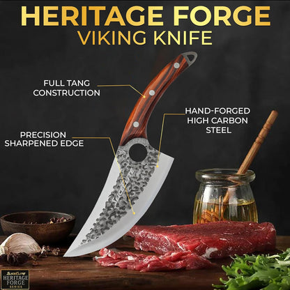 3 Piece BBQ Knife Set Serbian Chef Knife Meat Cleaver Viking Kitchen Knives | Outdoor Cooking • Barbeque • Meal Prep • Camping • Butchering • Lanyard Holes Hammered Pattern Forged Steel Real Wood Handles