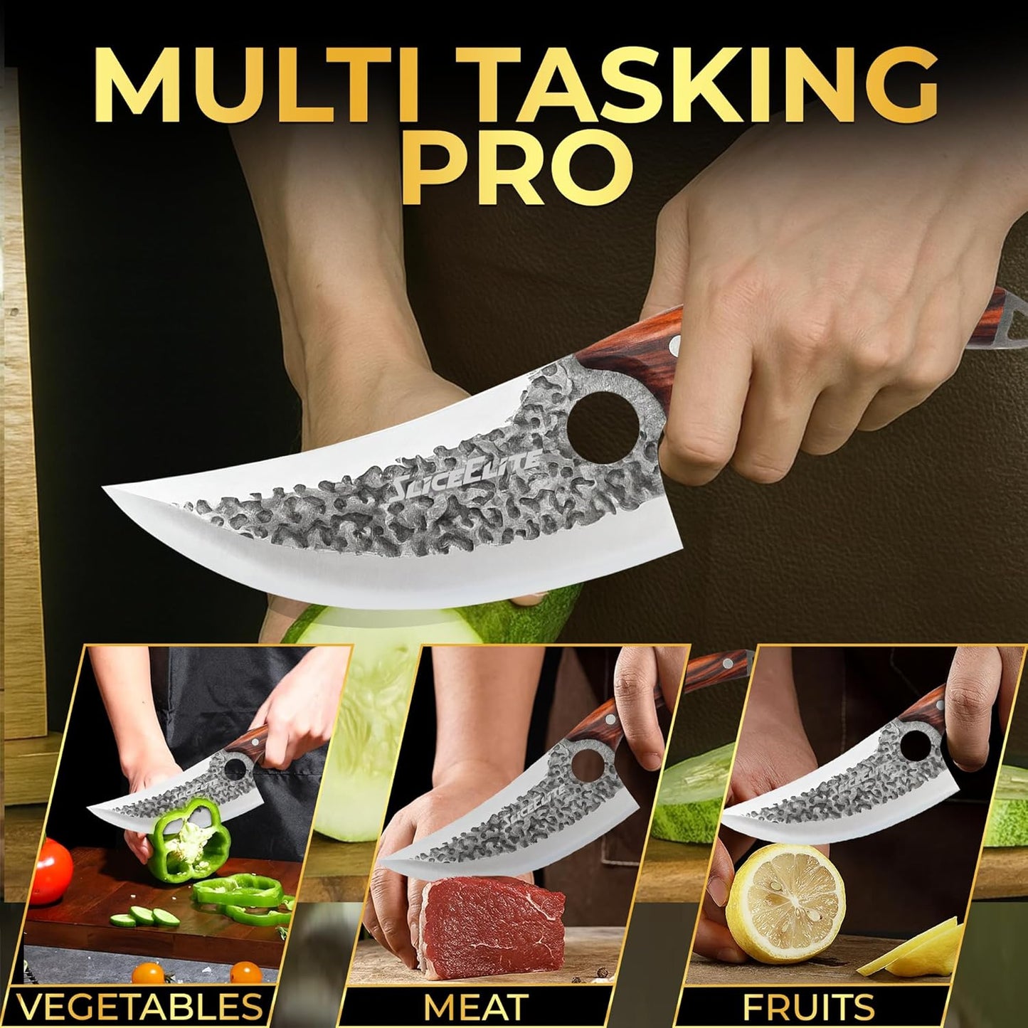 3 Piece BBQ Knife Set Serbian Chef Knife Meat Cleaver Viking Kitchen Knives | Outdoor Cooking • Barbeque • Meal Prep • Camping • Butchering • Lanyard Holes Hammered Pattern Forged Steel Real Wood Handles