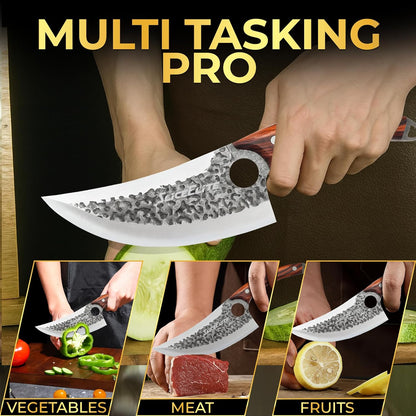 3 Piece BBQ Knife Set Serbian Chef Knife Meat Cleaver Viking Kitchen Knives | Outdoor Cooking • Barbeque • Meal Prep • Camping • Butchering • Lanyard Holes Hammered Pattern Forged Steel Real Wood Handles