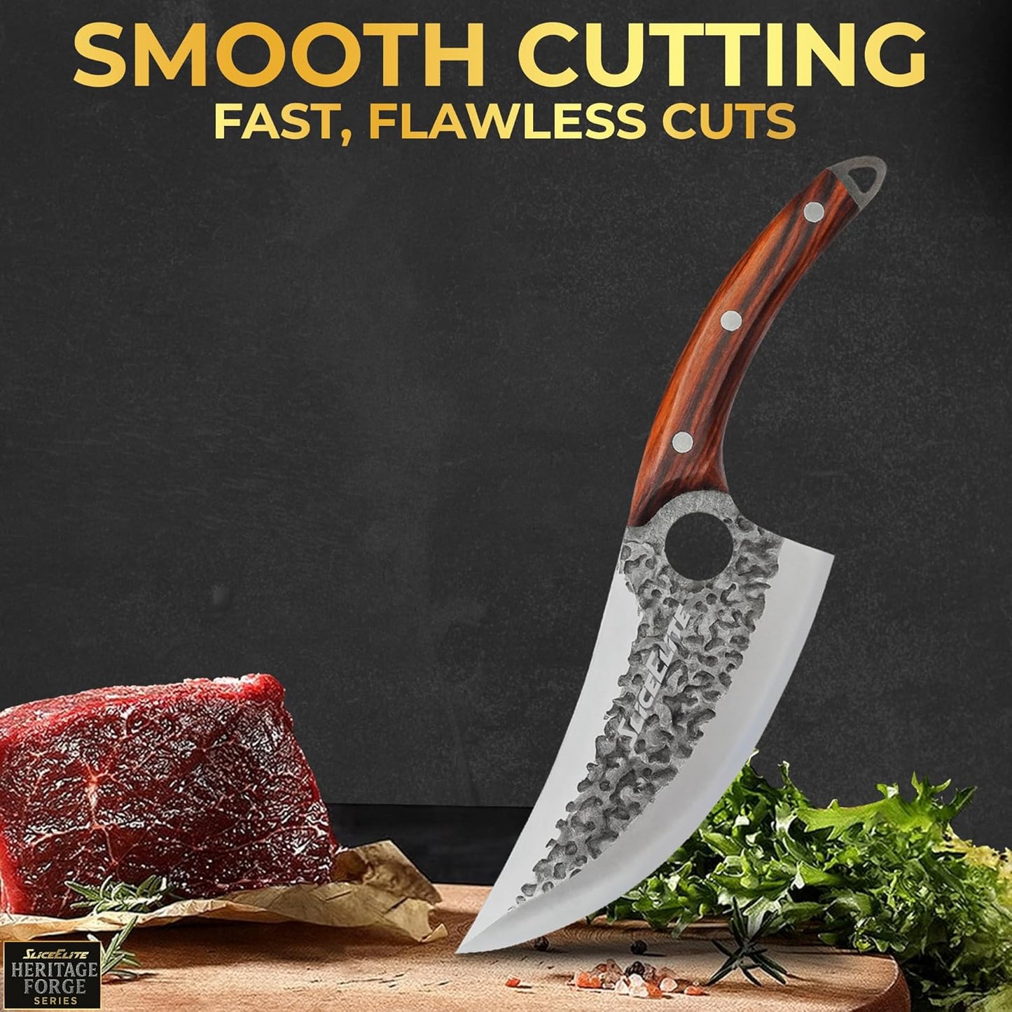 3 Piece BBQ Knife Set Serbian Chef Knife Meat Cleaver Viking Kitchen Knives | Outdoor Cooking • Barbeque • Meal Prep • Camping • Butchering • Lanyard Holes Hammered Pattern Forged Steel Real Wood Handles
