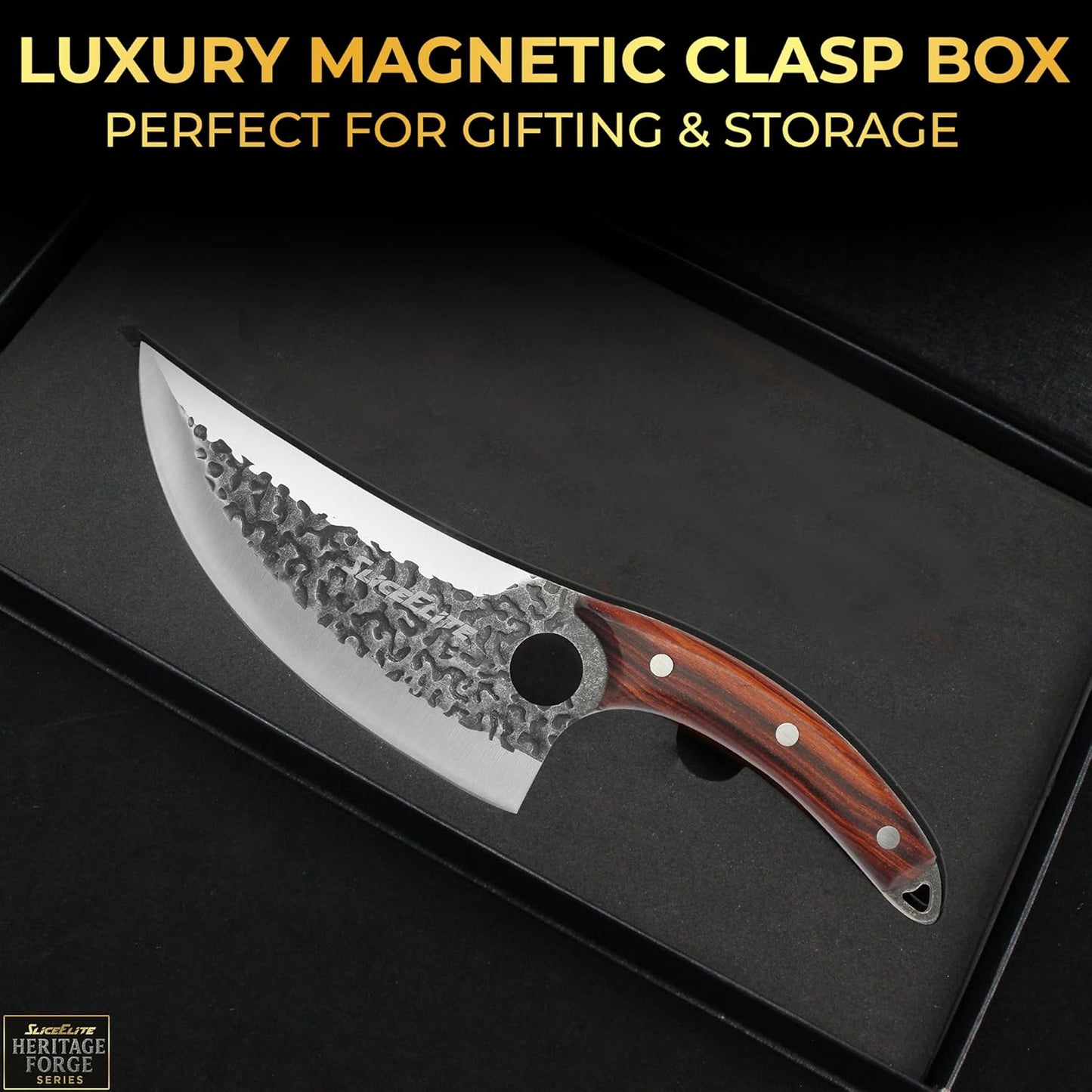 3 Piece BBQ Knife Set Serbian Chef Knife Meat Cleaver Viking Kitchen Knives | Outdoor Cooking • Barbeque • Meal Prep • Camping • Butchering • Lanyard Holes Hammered Pattern Forged Steel Real Wood Handles