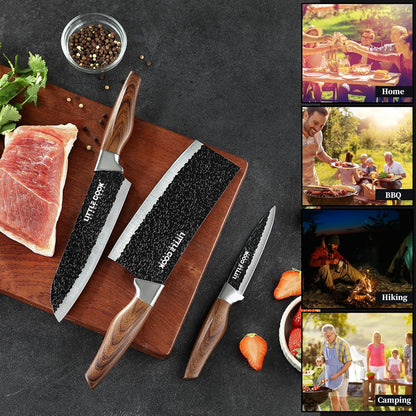3PCS Chef Knife, Little Cook Chef Knife Set, Includes 7 inch Chef Knife, 7 inch Cleaver Knife and 4.5 inch Boning Knife, Premium Stainless Steel With Ergonomic Plastic Handle (Blackening technique)