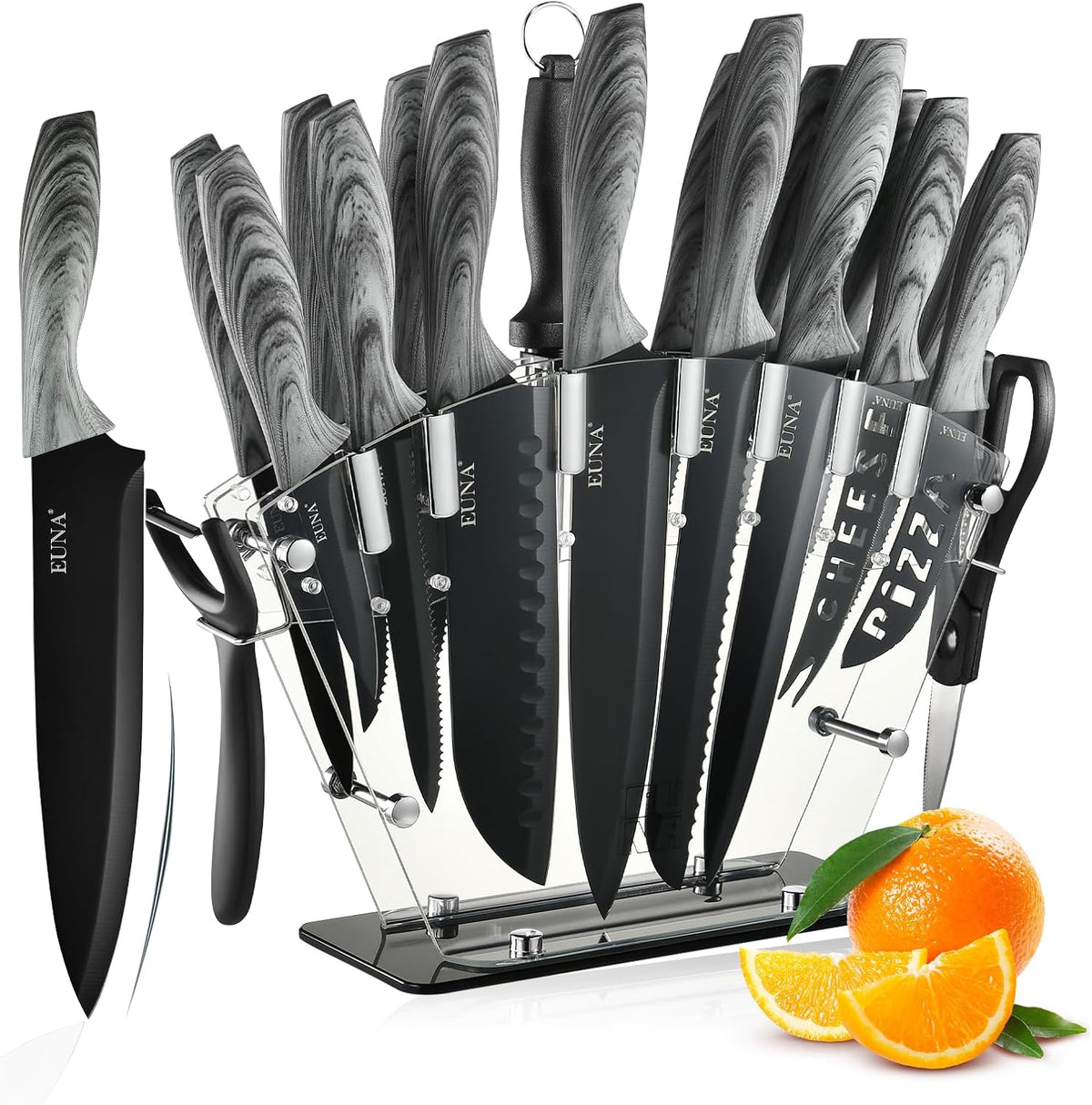 Knife Block Set, 19 PCS Kitchen Knife Set with Acrylic Block and Sharpener, German High-Carbon Stainless Steel Knife Sets with 6 Serrated Steak Knives, Bread Knife, Chef Knife, Dishwasher Safe