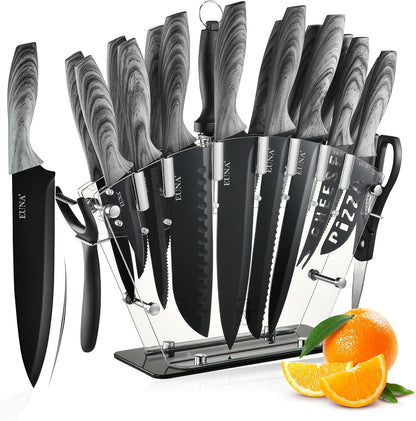 Knife Block Set, 19 PCS Kitchen Knife Set with Acrylic Block and Sharpener, German High-Carbon Stainless Steel Knife Sets with 6 Serrated Steak Knives, Bread Knife, Chef Knife, Dishwasher Safe
