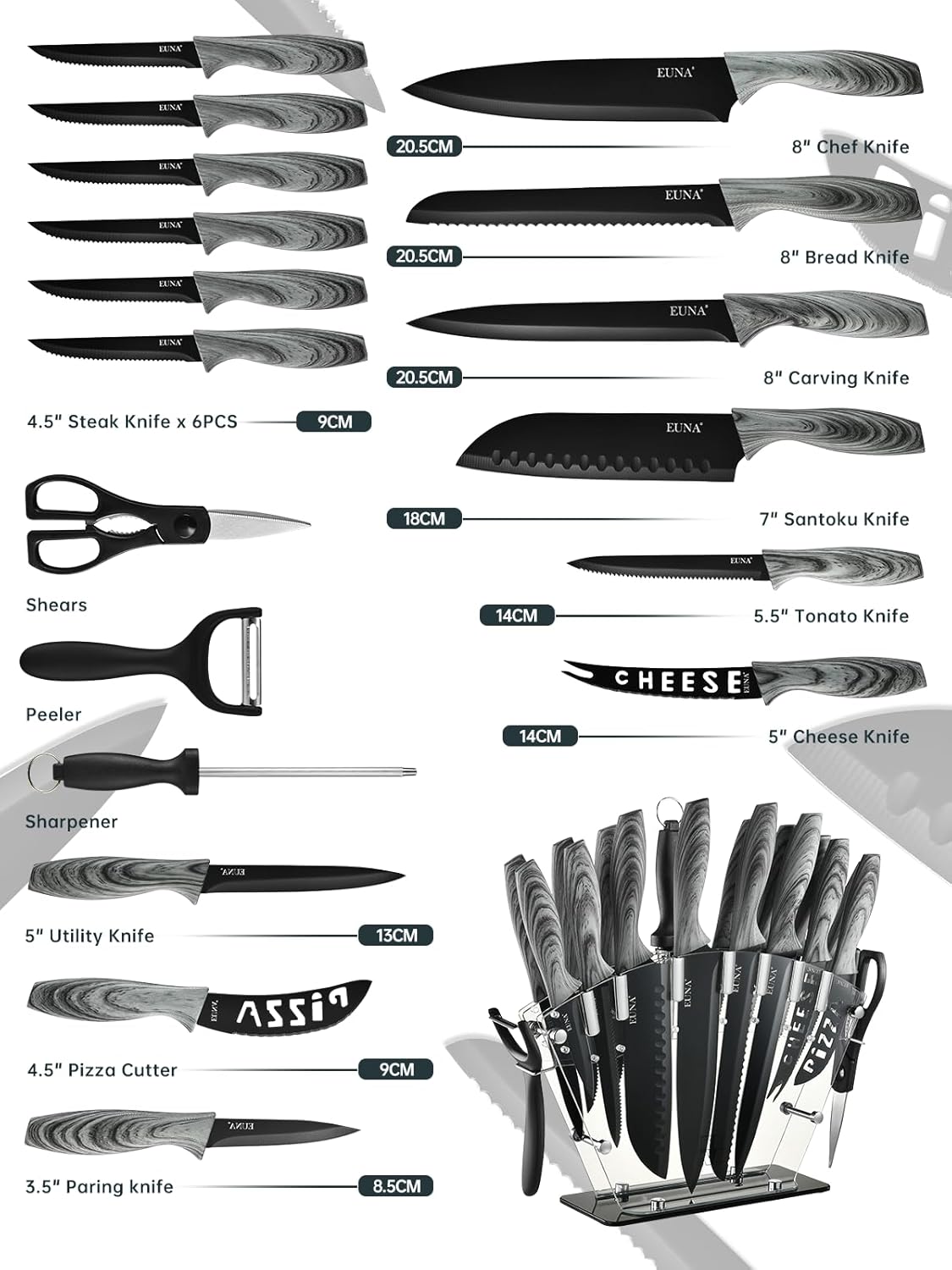 Knife Block Set, 19 PCS Kitchen Knife Set with Acrylic Block and Sharpener, German High-Carbon Stainless Steel Knife Sets with 6 Serrated Steak Knives, Bread Knife, Chef Knife, Dishwasher Safe