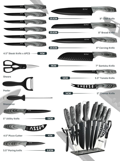 Knife Block Set, 19 PCS Kitchen Knife Set with Acrylic Block and Sharpener, German High-Carbon Stainless Steel Knife Sets with 6 Serrated Steak Knives, Bread Knife, Chef Knife, Dishwasher Safe