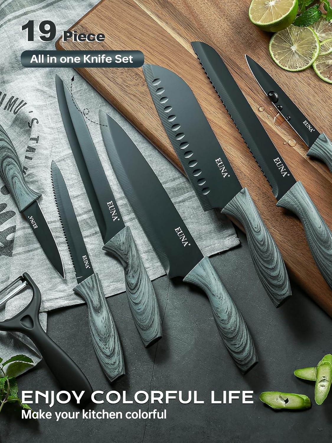 Knife Block Set, 19 PCS Kitchen Knife Set with Acrylic Block and Sharpener, German High-Carbon Stainless Steel Knife Sets with 6 Serrated Steak Knives, Bread Knife, Chef Knife, Dishwasher Safe
