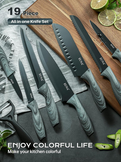 Knife Block Set, 19 PCS Kitchen Knife Set with Acrylic Block and Sharpener, German High-Carbon Stainless Steel Knife Sets with 6 Serrated Steak Knives, Bread Knife, Chef Knife, Dishwasher Safe