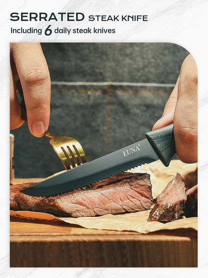 Knife Block Set, 19 PCS Kitchen Knife Set with Acrylic Block and Sharpener, German High-Carbon Stainless Steel Knife Sets with 6 Serrated Steak Knives, Bread Knife, Chef Knife, Dishwasher Safe