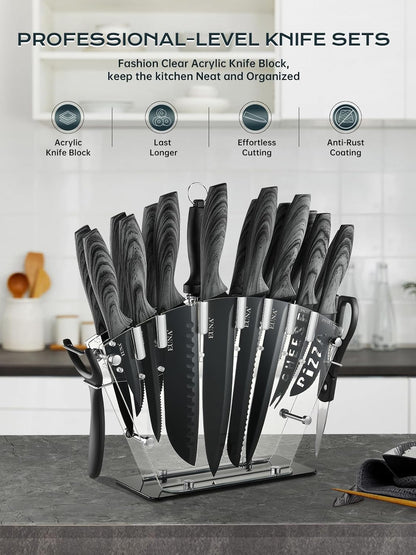 Knife Block Set, 19 PCS Kitchen Knife Set with Acrylic Block and Sharpener, German High-Carbon Stainless Steel Knife Sets with 6 Serrated Steak Knives, Bread Knife, Chef Knife, Dishwasher Safe