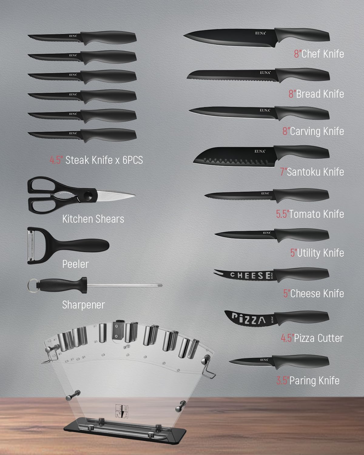 Knife Block Set, 19 PCS Kitchen Knife Set with Acrylic Block and Sharpener, German High-Carbon Stainless Steel Knife Sets with 6 Serrated Steak Knives, Bread Knife, Chef Knife, Dishwasher Safe