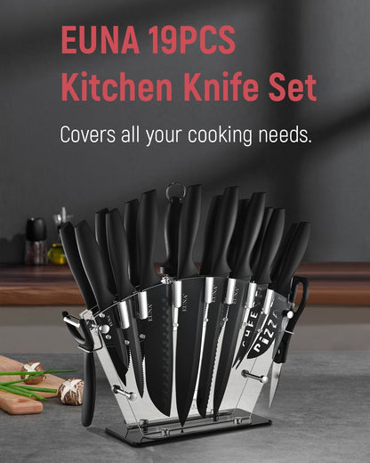 Knife Block Set, 19 PCS Kitchen Knife Set with Acrylic Block and Sharpener, German High-Carbon Stainless Steel Knife Sets with 6 Serrated Steak Knives, Bread Knife, Chef Knife, Dishwasher Safe