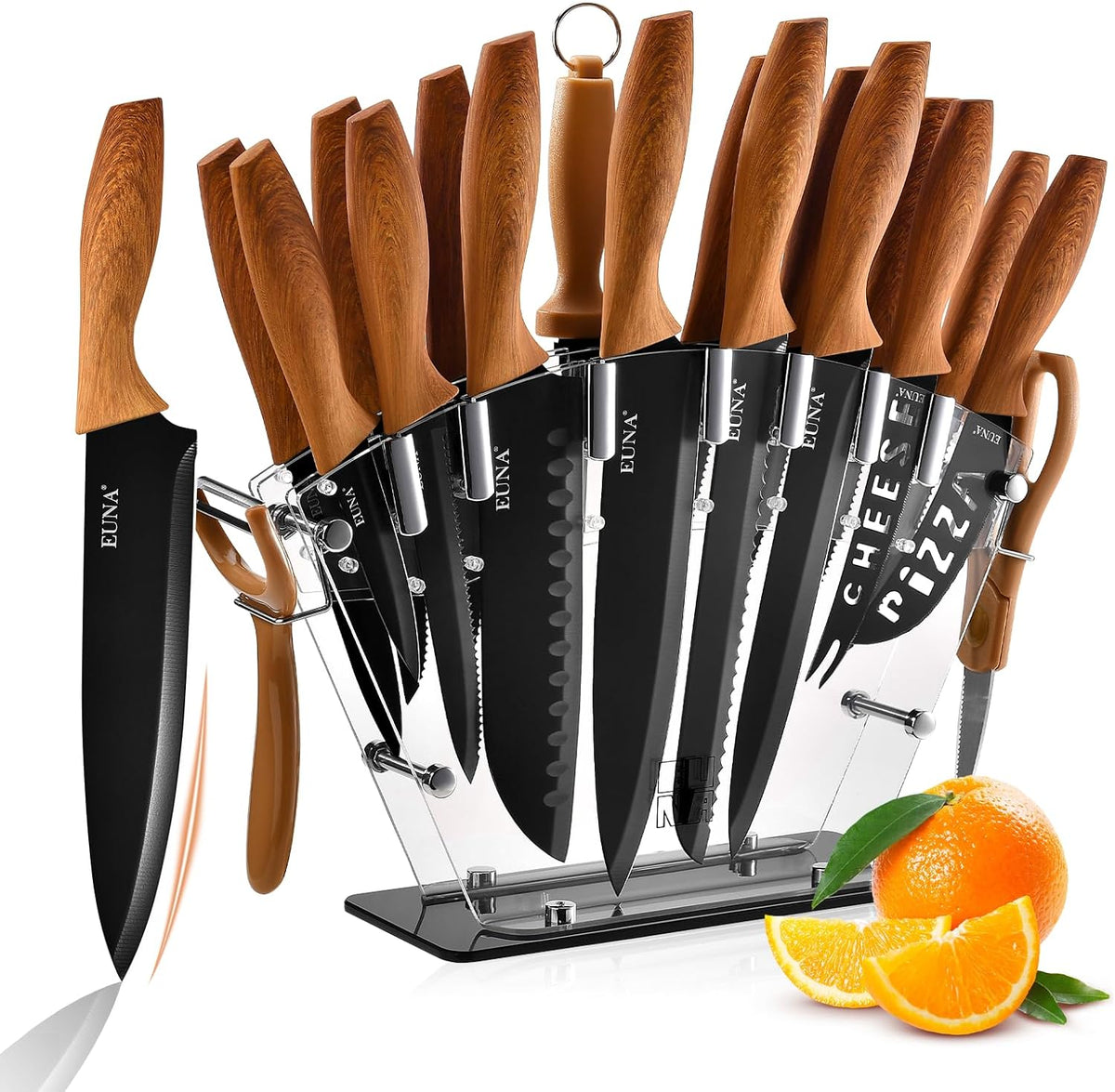 Knife Block Set, 19 PCS Kitchen Knife Set with Acrylic Block and Sharpener, German High-Carbon Stainless Steel Knife Sets with 6 Serrated Steak Knives, Bread Knife, Chef Knife, Dishwasher Safe
