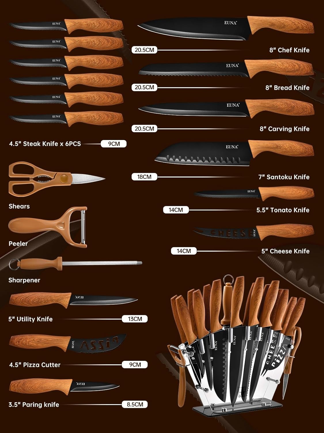Knife Block Set, 19 PCS Kitchen Knife Set with Acrylic Block and Sharpener, German High-Carbon Stainless Steel Knife Sets with 6 Serrated Steak Knives, Bread Knife, Chef Knife, Dishwasher Safe