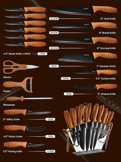 Knife Block Set, 19 PCS Kitchen Knife Set with Acrylic Block and Sharpener, German High-Carbon Stainless Steel Knife Sets with 6 Serrated Steak Knives, Bread Knife, Chef Knife, Dishwasher Safe
