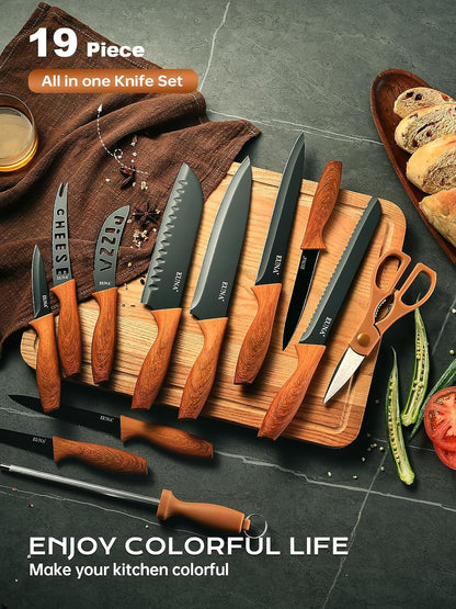 Knife Block Set, 19 PCS Kitchen Knife Set with Acrylic Block and Sharpener, German High-Carbon Stainless Steel Knife Sets with 6 Serrated Steak Knives, Bread Knife, Chef Knife, Dishwasher Safe