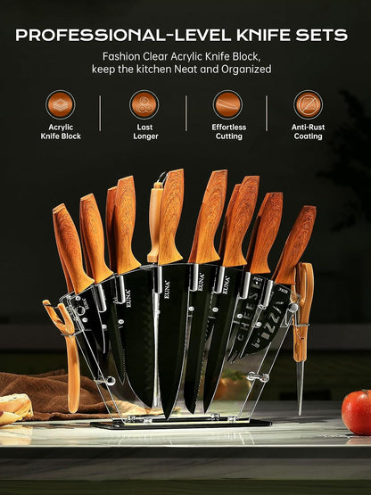 Knife Block Set, 19 PCS Kitchen Knife Set with Acrylic Block and Sharpener, German High-Carbon Stainless Steel Knife Sets with 6 Serrated Steak Knives, Bread Knife, Chef Knife, Dishwasher Safe