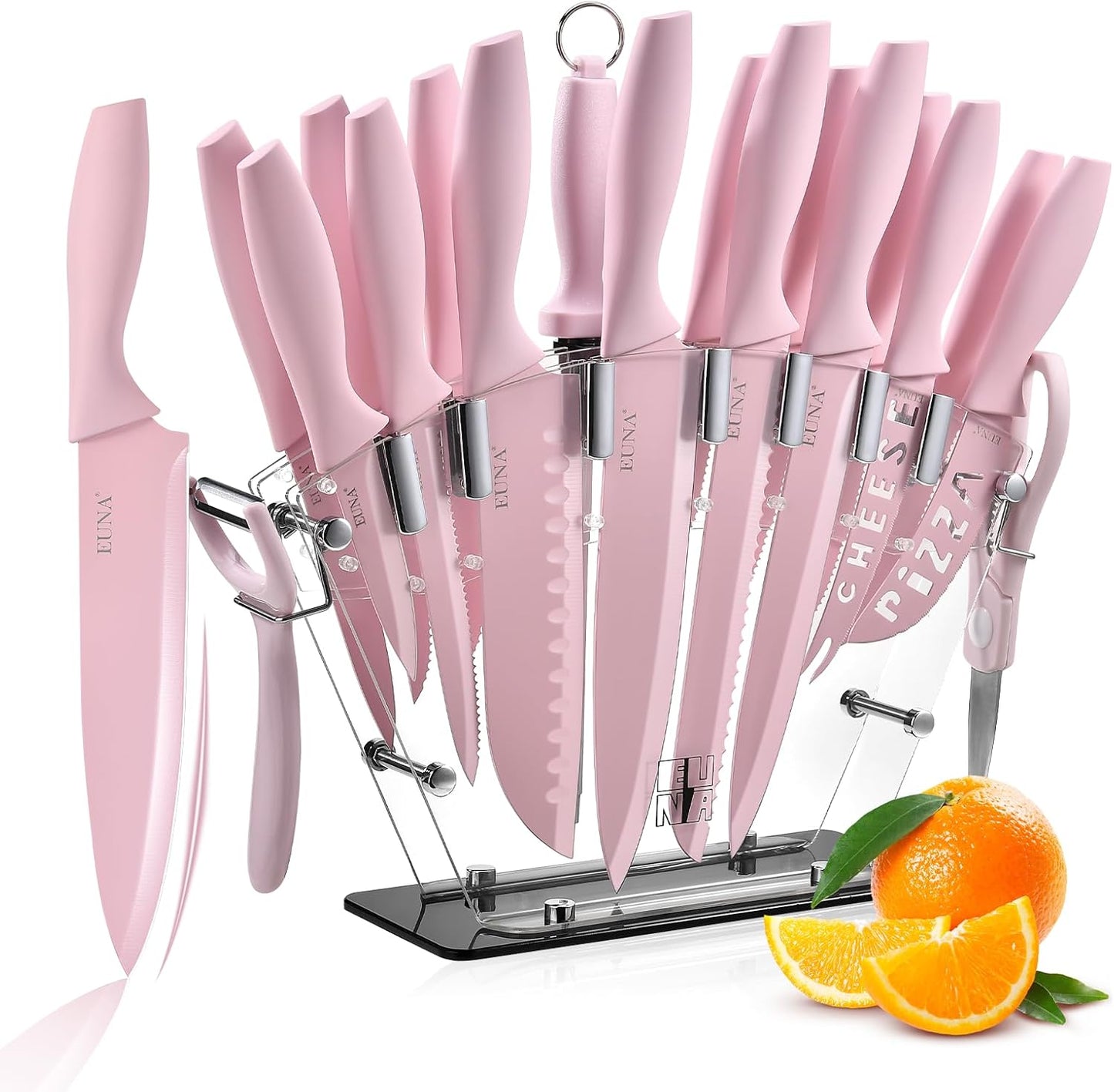 Knife Block Set, 19 PCS Kitchen Knife Set with Acrylic Block and Sharpener, German High-Carbon Stainless Steel Knife Sets with 6 Serrated Steak Knives, Bread Knife, Chef Knife, Dishwasher Safe
