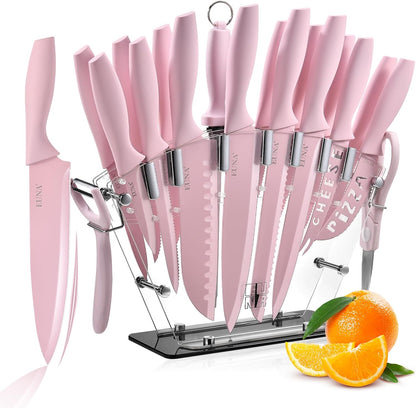 Knife Block Set, 19 PCS Kitchen Knife Set with Acrylic Block and Sharpener, German High-Carbon Stainless Steel Knife Sets with 6 Serrated Steak Knives, Bread Knife, Chef Knife, Dishwasher Safe