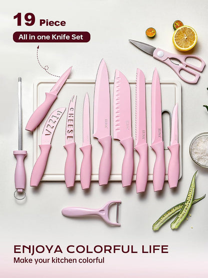 Knife Block Set, 19 PCS Kitchen Knife Set with Acrylic Block and Sharpener, German High-Carbon Stainless Steel Knife Sets with 6 Serrated Steak Knives, Bread Knife, Chef Knife, Dishwasher Safe