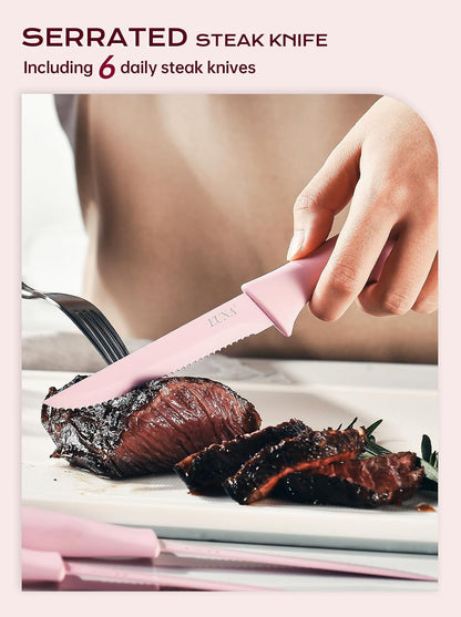 Knife Block Set, 19 PCS Kitchen Knife Set with Acrylic Block and Sharpener, German High-Carbon Stainless Steel Knife Sets with 6 Serrated Steak Knives, Bread Knife, Chef Knife, Dishwasher Safe