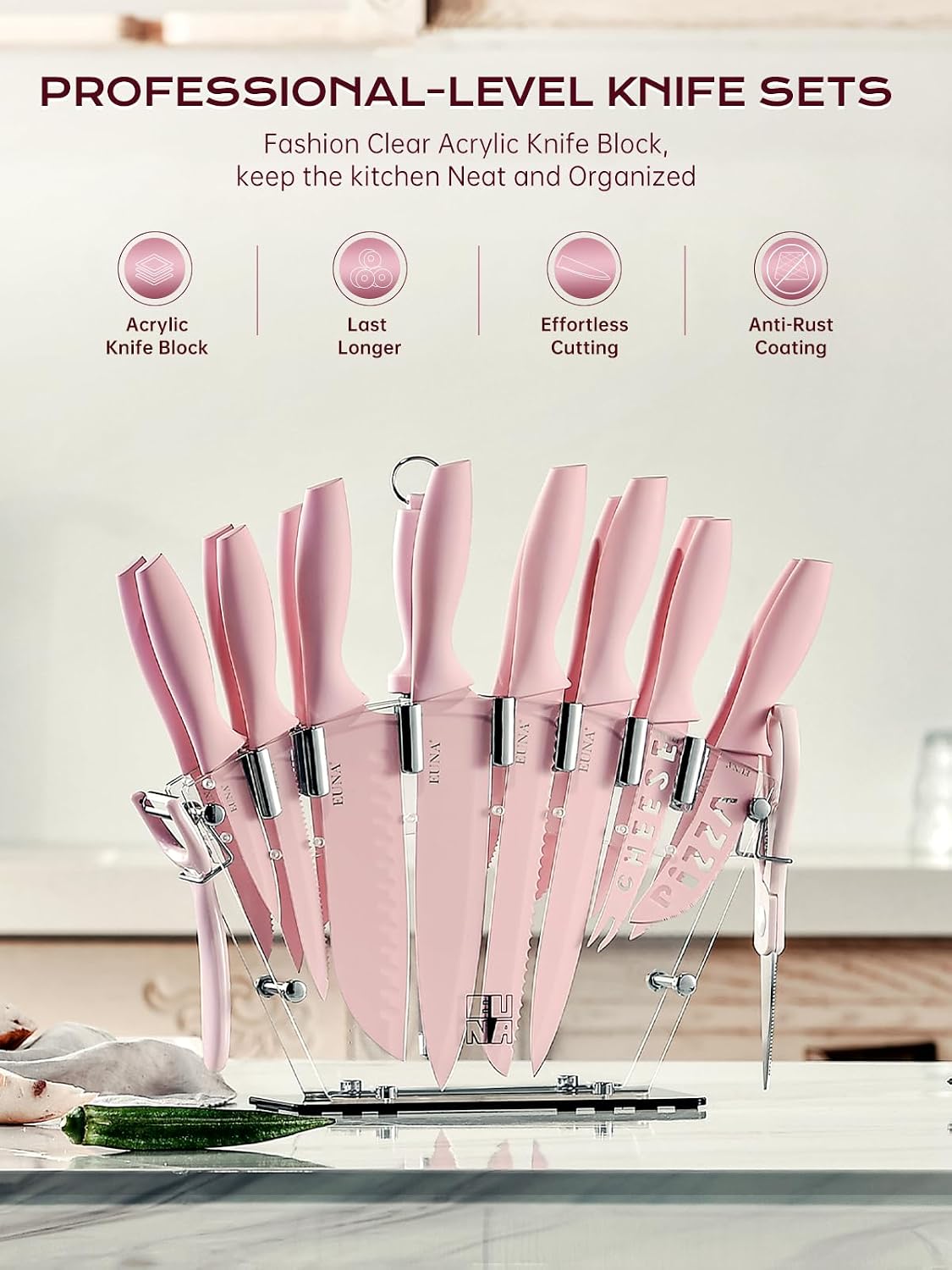 Knife Block Set, 19 PCS Kitchen Knife Set with Acrylic Block and Sharpener, German High-Carbon Stainless Steel Knife Sets with 6 Serrated Steak Knives, Bread Knife, Chef Knife, Dishwasher Safe