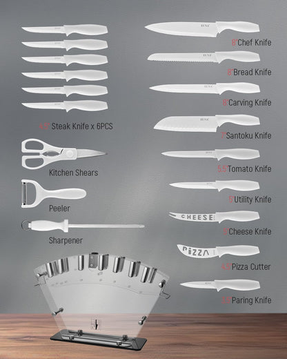 Knife Block Set, 19 PCS Kitchen Knife Set with Acrylic Block and Sharpener, German High-Carbon Stainless Steel Knife Sets with 6 Serrated Steak Knives, Bread Knife, Chef Knife, Dishwasher Safe