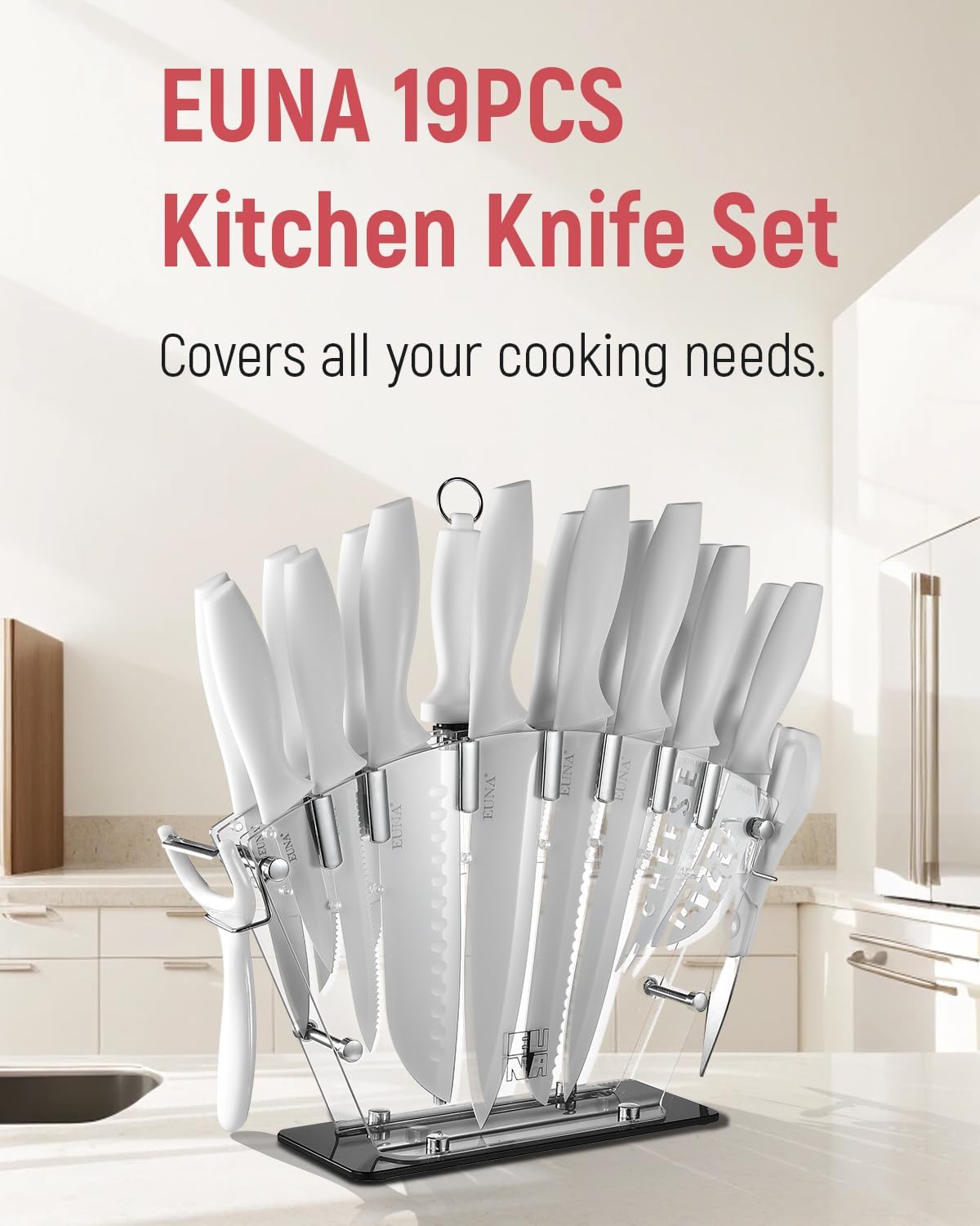 Knife Block Set, 19 PCS Kitchen Knife Set with Acrylic Block and Sharpener, German High-Carbon Stainless Steel Knife Sets with 6 Serrated Steak Knives, Bread Knife, Chef Knife, Dishwasher Safe