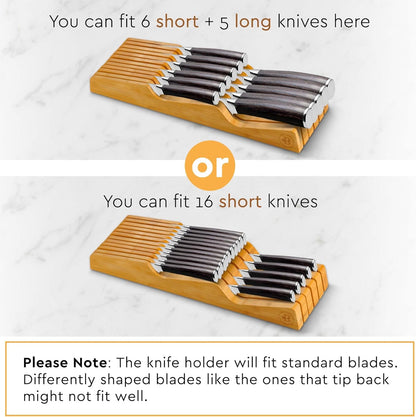 Knife Drawer Organizer 16 Slot In-Drawer Knife Block Holder, Bamboo